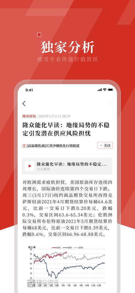 隆众资讯-掌握大宗商品资讯价格脉络 - Exclusive commodity analysis report on the Longzhong Information app with energy price trend charts
