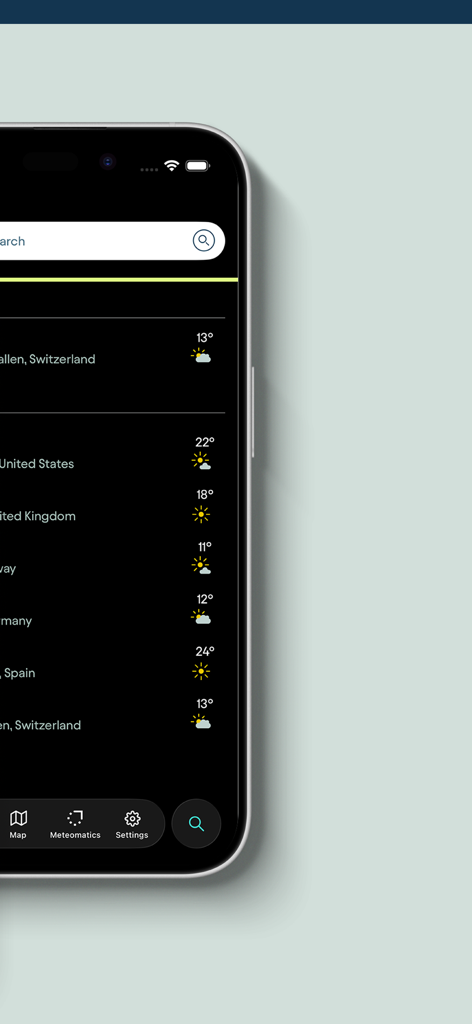 Meteomatics Weather App - Elenco dei preferiti dell'App Meteo Meteomatics che mostra temperature e condizioni meteorologiche per diverse località globali in modalità scura.