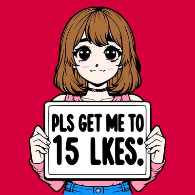 realistic girl holding up a sign that says “pls get me to 15 likes!”