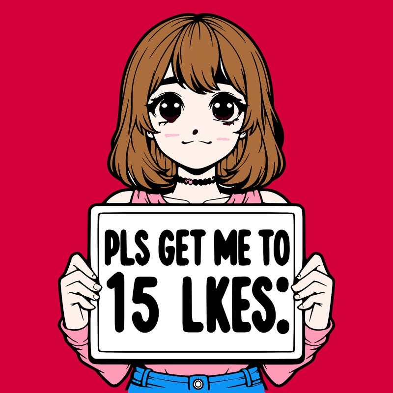 realistic girl holding up a sign that says “pls get me to 15 likes!”