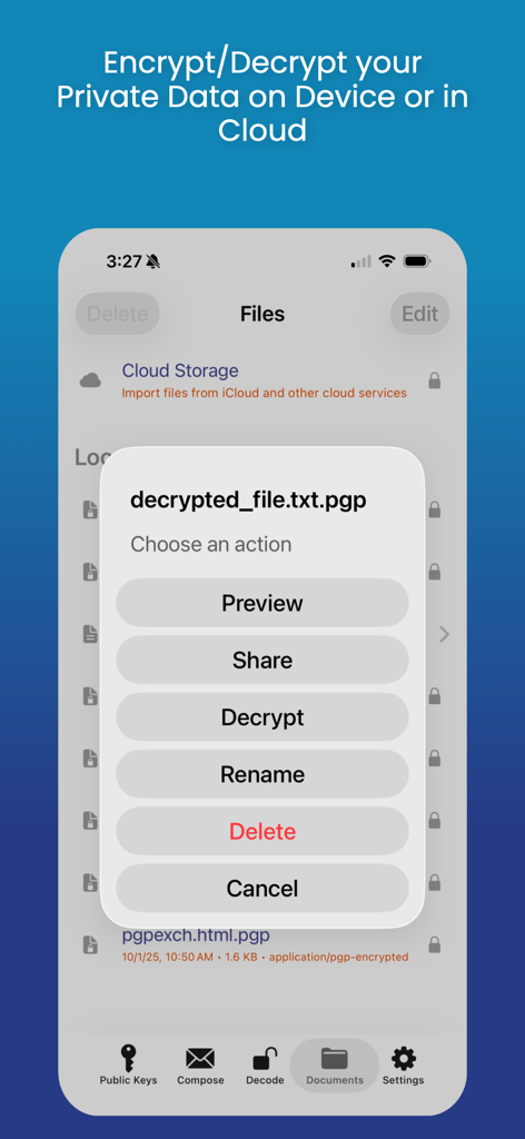 iPGMail - The iPGMail app interface showing an action menu with options to decrypt share and manage PGP encrypted files on a mobile device.