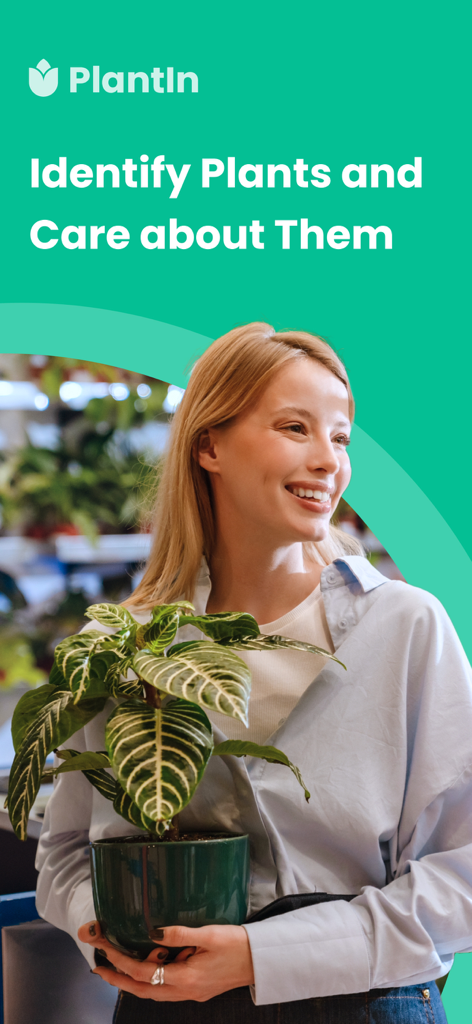 PlantIn: Plant Identifier・Care - A smiling woman holding a houseplant with PlantIn app logo and text about plant identification and care