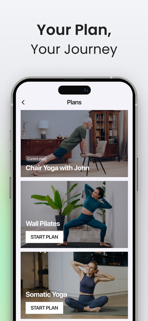 Yoga-Go app screen showing workout plans for Chair Yoga Wall Pilates and Somatic Yoga