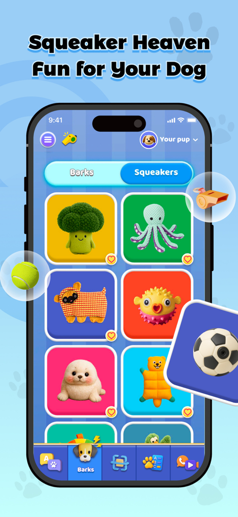 Dog Translator: Games For Pets - Mobile app screen showing a variety of squeaky toy sounds and icons for dog entertainment