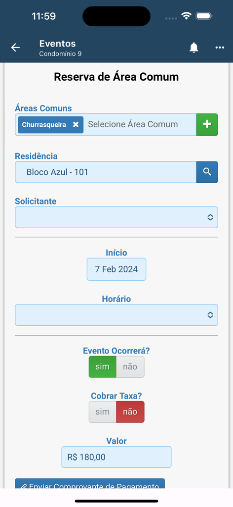 Seu Condomínio - Tela do aplicativo móvel mostrando um formulário de reserva para uma churrasqueira de área comum