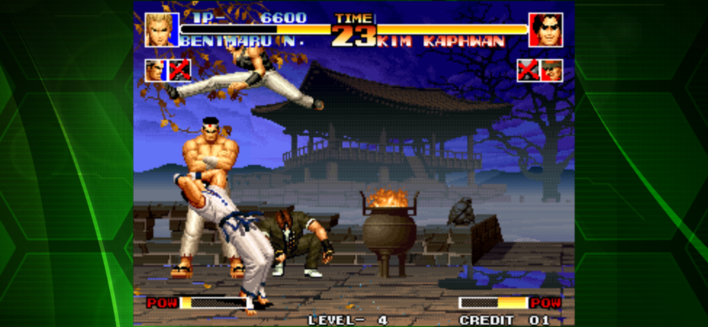 KOF '94 ACA NEOGEO - Gameplay screenshot of KOF 94 ACA NEOGEO featuring a 2D fight between Benimaru and Kim in a moonlit courtyard