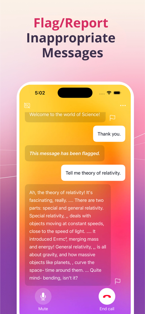 AI Twin app interface showcasing the option to flag or report inappropriate messages within a chat conversation.