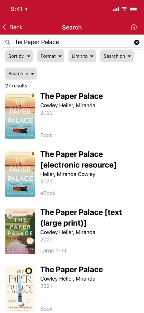 Cork City Libraries - Search results screen in the Cork City Libraries app showing various formats for the book The Paper Palace.