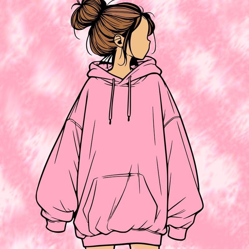 realistic girl with a oversized sweatshirt on and a bun