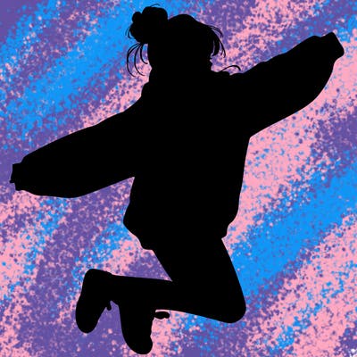 realistic girl jumping with a bun and oversized sweatshirt