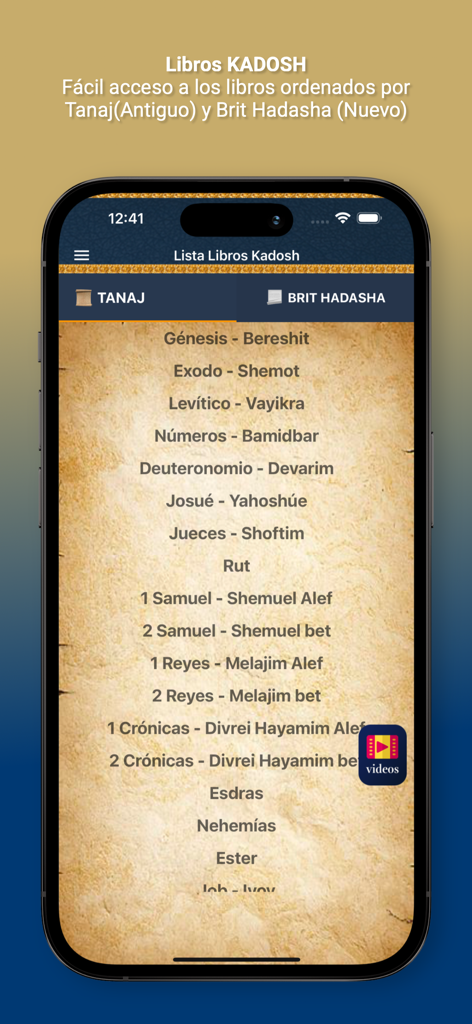 Biblia Kadosh - Biblia Kadosh app displaying a list of Tanakh books with original Hebrew names