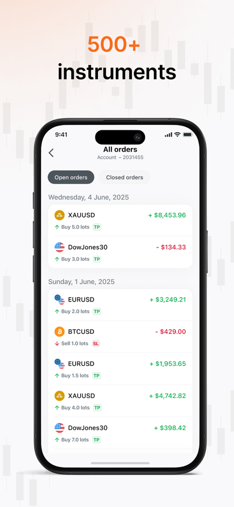 Tela do aplicativo móvel AMarkets mostrando uma lista de ordens de trading abertas e fechadas para ouro, forex e cripto