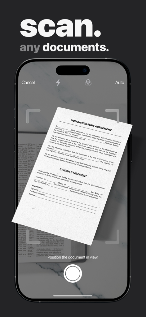 Mobile app interface scanning a legal document for faxing from an iPhone