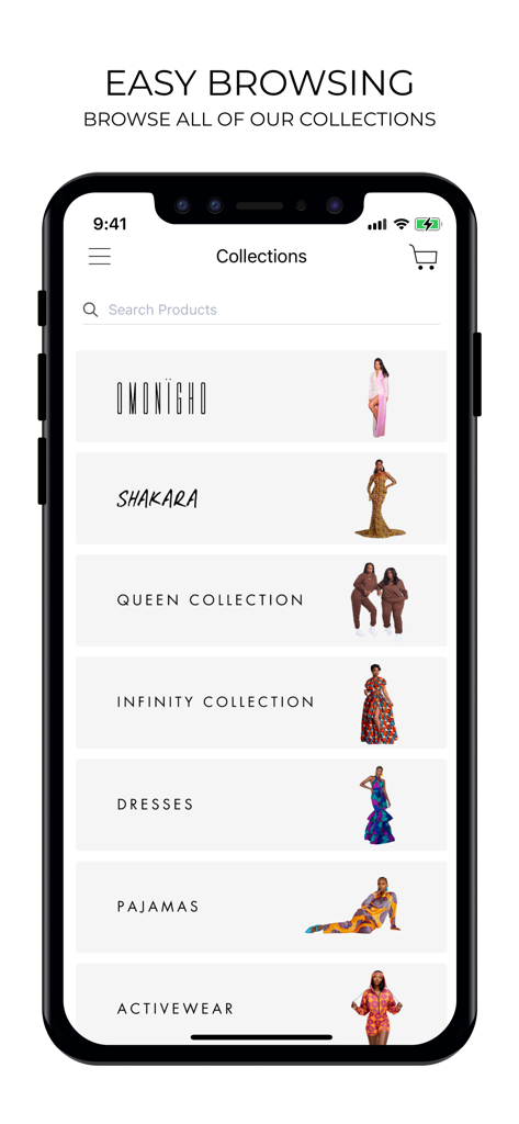 OFUURE - Mobile screen of the OFUURE app showing different African inspired fashion collections like dresses pajamas and activewear