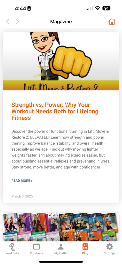 Cathe OnDemand - The Magazine section of the Cathe OnDemand app featuring an article about strength and power training.