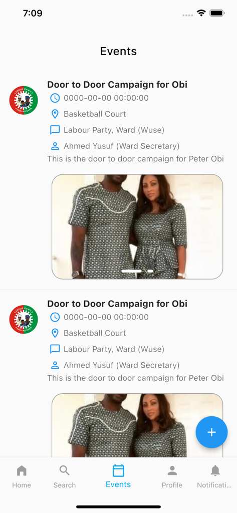 La pantalla de eventos de la aplicación Townhall que muestra una lista de actividades de movilización comunitaria organizadas, incluida una campaña puerta a puerta