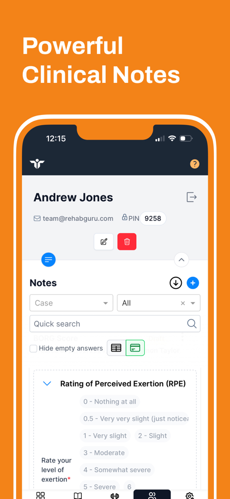 Rehab Guru Pro app interface for clinical notes and patient management featuring an RPE assessment form