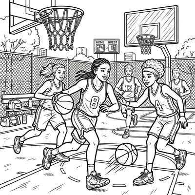 Dive into the fast-paced world of youth basketball with this energetic coloring page. Featuring young athletes in action, it's perfect for sports fans and aspiring players.