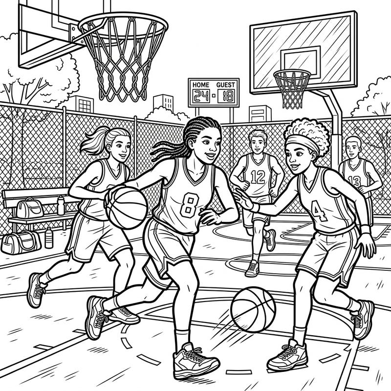Dive into the fast-paced world of youth basketball with this energetic coloring page. Featuring young athletes in action, it's perfect for sports fans and aspiring players.