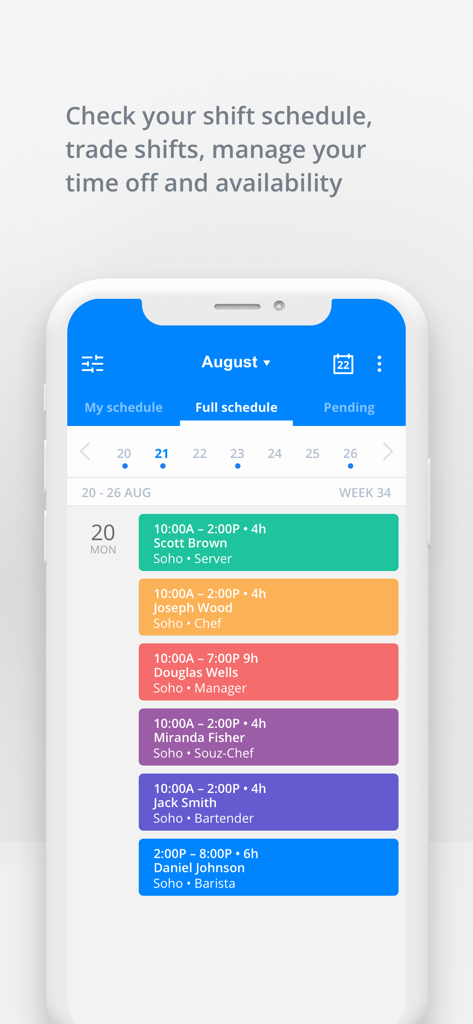 Sling: Employee Scheduling App - Slingの従業員シフトスケジューラーのモバイルアプリインターフェイス。異なるスタッフロールのカラーコード化されたブロックでシフトが表示されます。