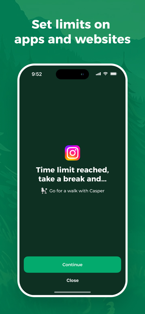 A smartphone screen showing a time limit reached notification for Instagram with a suggestion to take a walk.