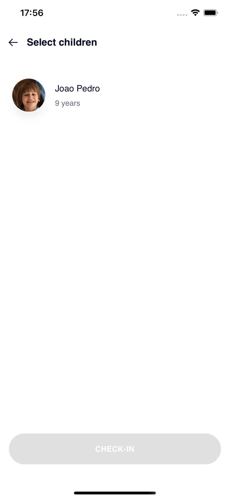 Screen showing a child selection interface for church check-in in the My Kids Family app