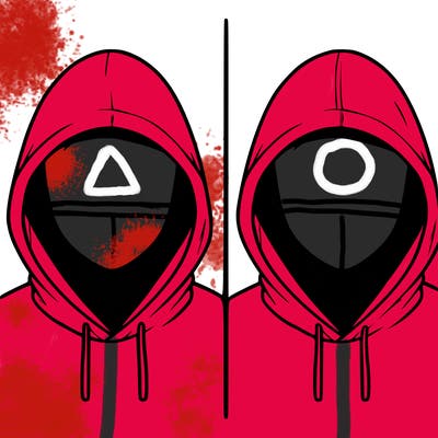 a person with a hoodie and no face, the drawing is split in 2