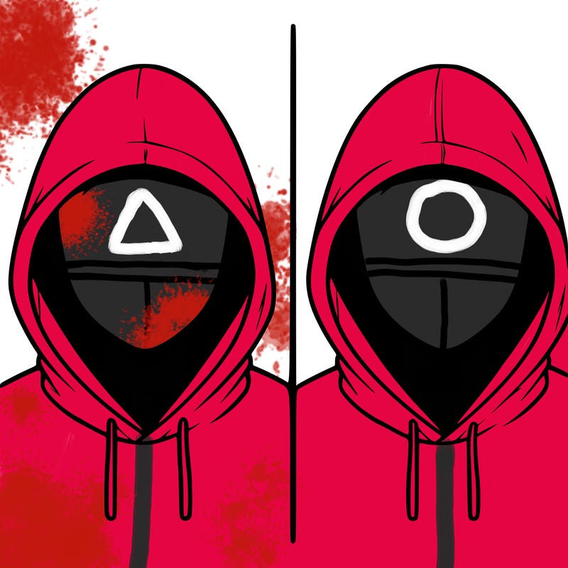 a person with a hoodie and no face, the drawing is split in 2