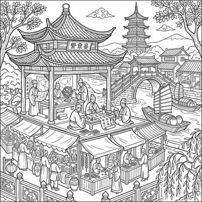 Step back in time to the flourishing Song Dynasty with this captivating full scene coloring page. Explore a vibrant world of scholars, bustling markets, and grand architecture, ready for your creative touch.