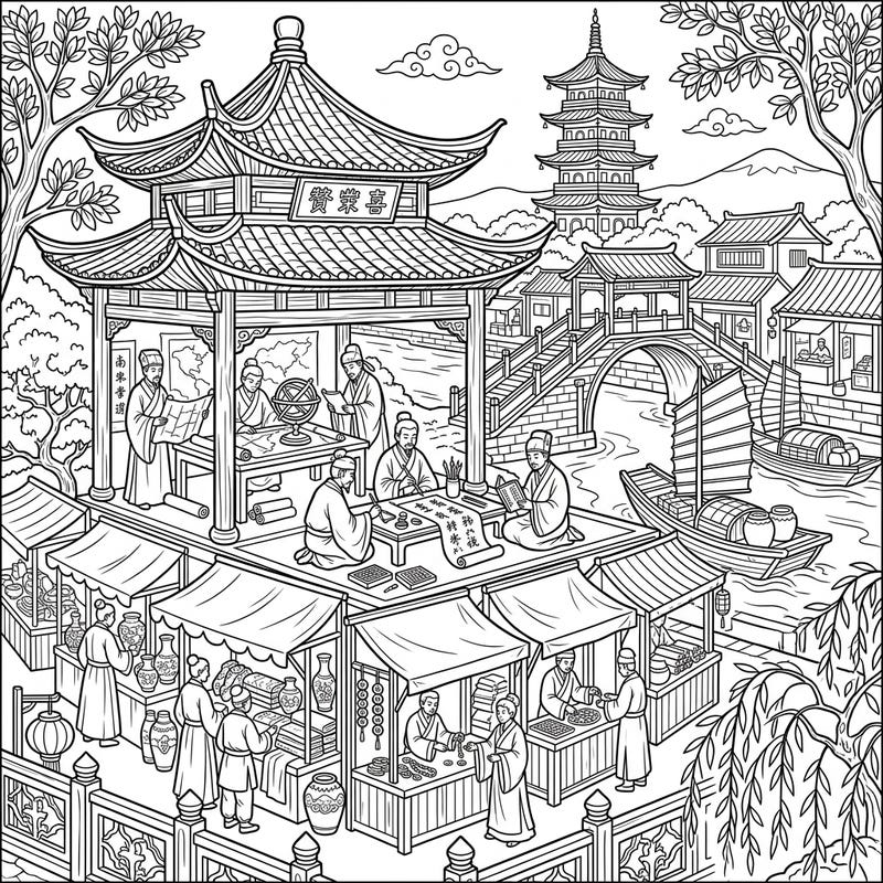 Step back in time to the flourishing Song Dynasty with this captivating full scene coloring page. Explore a vibrant world of scholars, bustling markets, and grand architecture, ready for your creative touch.