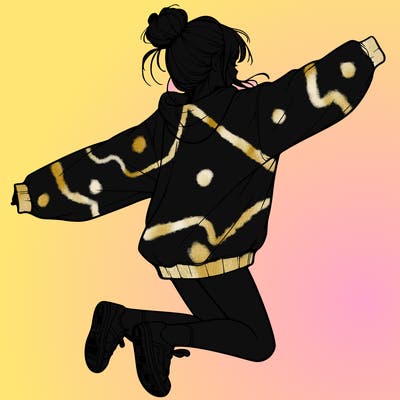 realistic girl jumping with a bun and oversized sweatshirt