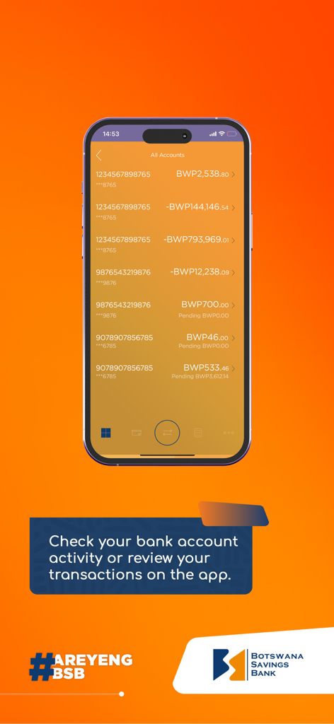 BSB - BSB mobile app screen showing a list of bank accounts and their balances in Botswana Pula.