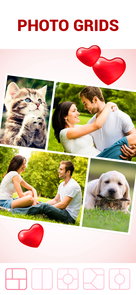 Love Collage Maker & Editor - Love Collage Maker app interface showing photo grid layouts with romantic couples and pet pictures