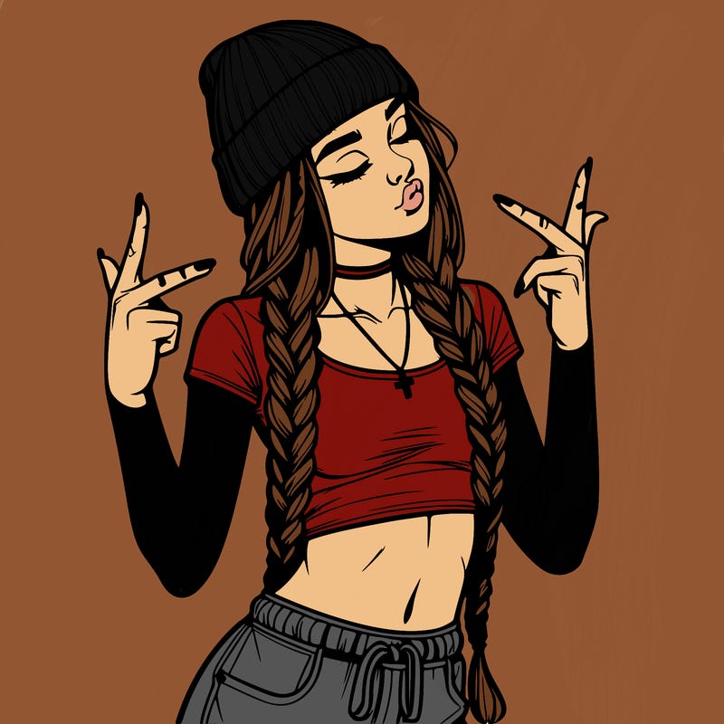 realistic teenage girl with braids and a beanie and crop top doing 🫶🏼
