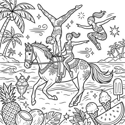 Experience the exhilarating blend of equestrian vaulting and a sunny summer beach in this dynamic coloring page. Unleash your creativity by bringing these acrobatic athletes and their tropical surroundings to life with vibrant colors.