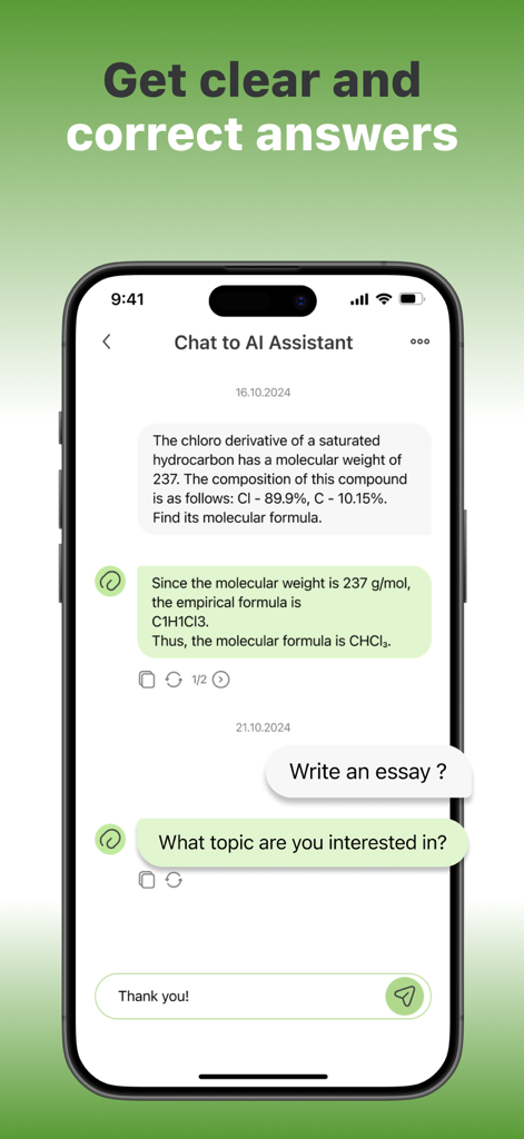 Ein iPhone-Screenshot, der eine KI-Chat-Oberfläche anzeigt, die ein Chemie-Molekülformel-Problem löst und Hilfe beim Schreiben von Essays anbietet.