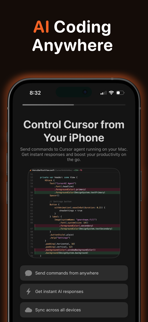 Cursor AI Mobile - Remote IDE - リモートコーディングとAIアシスタントコマンド用のCursor AI Mobileアプリを示すiPhone画面