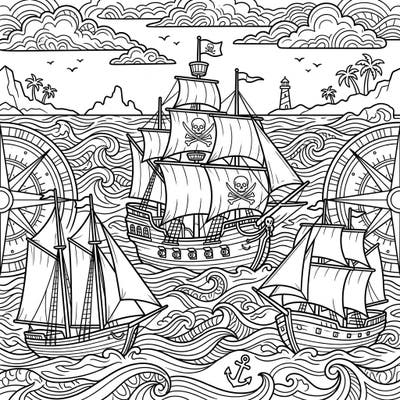 Set sail for adventure with this intricate coloring page featuring various pirate ships and buccaneer vessels navigating the high seas. Discover a world of swashbuckling fun as you bring these detailed maritime scenes to life with your colors.