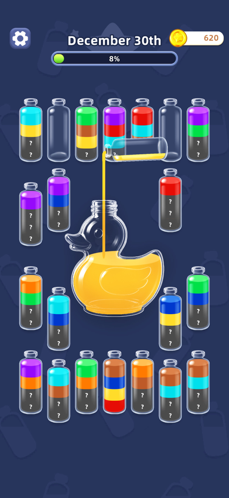 Water Jam Sort - Match Puzzle - Jugabilidad de Water Jam Sort mostrando líquidos de colores clasificándose en una botella con forma de pato