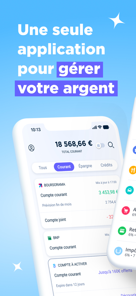 Interface de l'application Bankin montrant le solde total et les comptes bancaires européens liés.