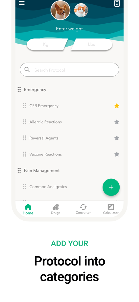 Vet Easy - Drugs & Calculators - Vet Easy app interface displaying veterinary emergency and pain management protocol categories