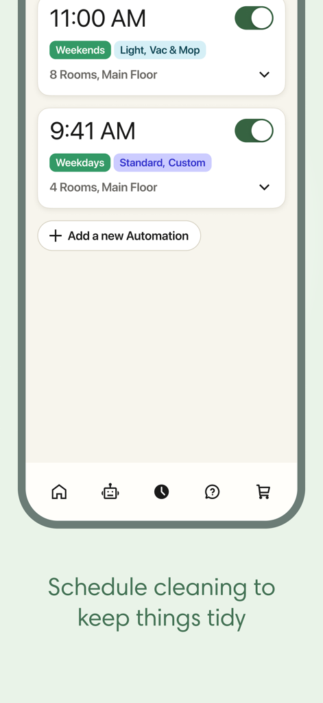 Capture d'écran de l'interface de planification de l'application Roomba Home montrant des préréglages d'automatisation pour la semaine et le week-end pour l'aspiration et le lavage.