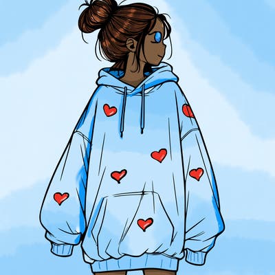 realistic girl with a oversized sweatshirt on and a bun