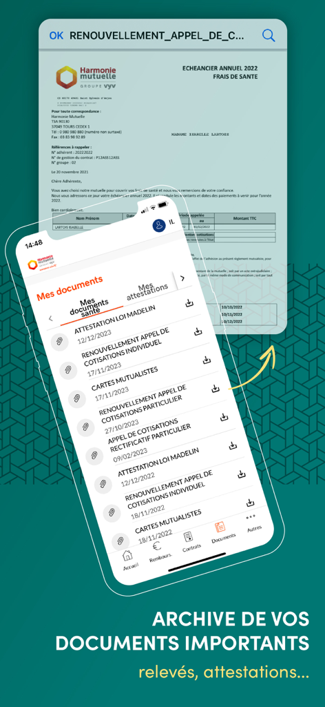 Harmonie & moi - Archive des documents d'assurance maladie dans l'application mobile Harmonie et moi