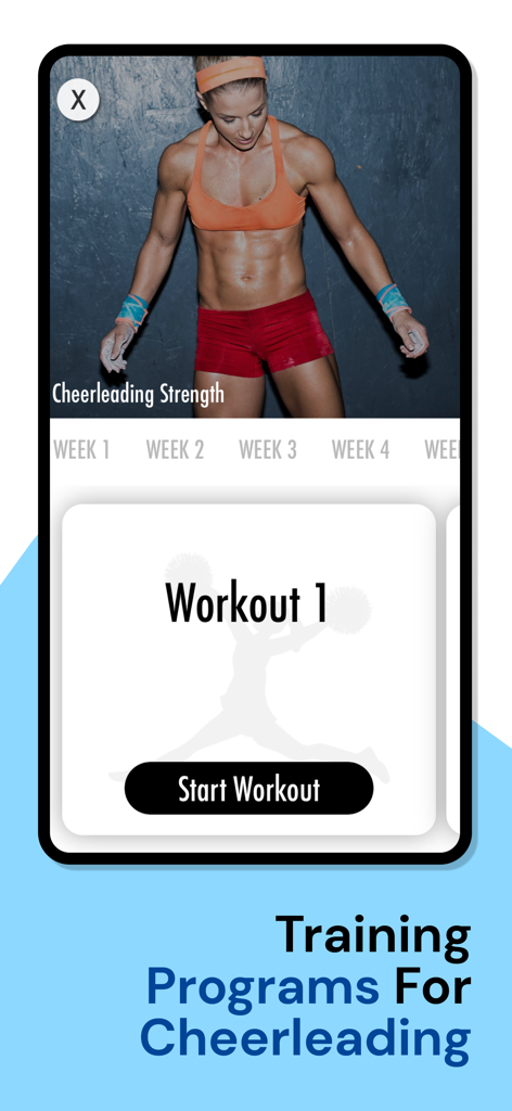 Cheerleading Conditioning - Smartphone screen displaying the Cheerleading Conditioning app's strength training program with a start workout button.