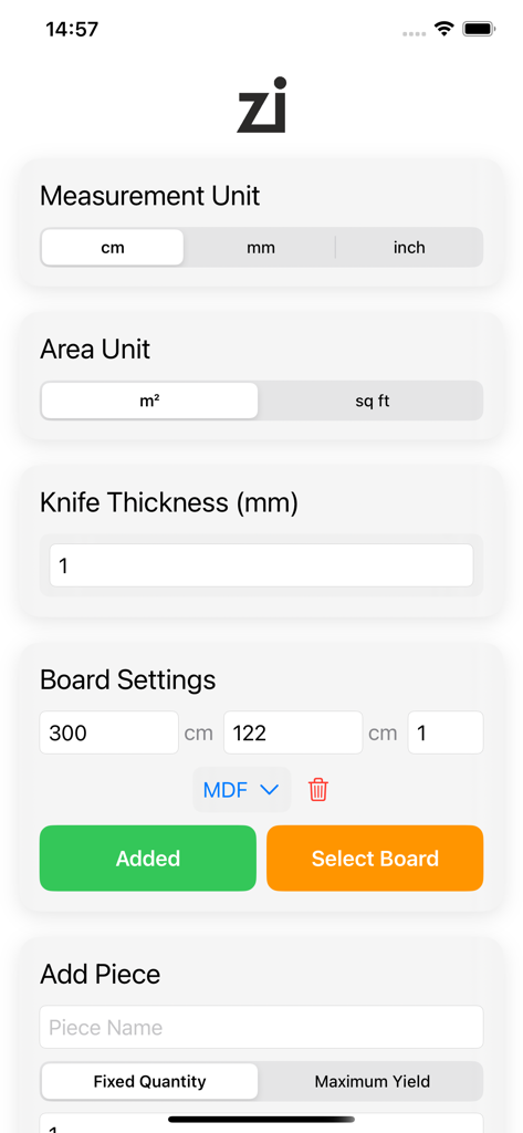 Zi Cutting Planner - Zi Cutting Planner app interface showing settings for measurement units board dimensions and knife thickness