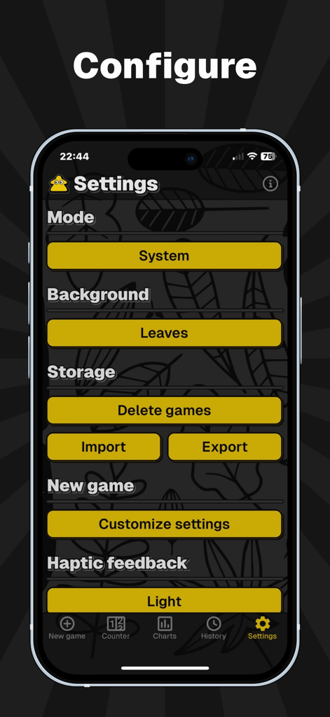MyScoreTracker – Score Counter - MyScoreTracker app settings screen showing customization and background options