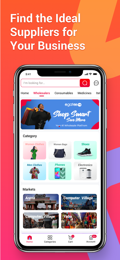 Egatee mobile app home screen showing wholesale product categories like clothes and electronics