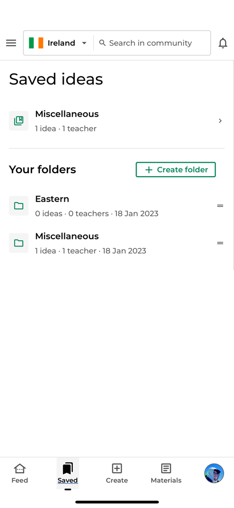 The Saved ideas screen in the Freeed for Teachers app showing organized folders for lesson planning.