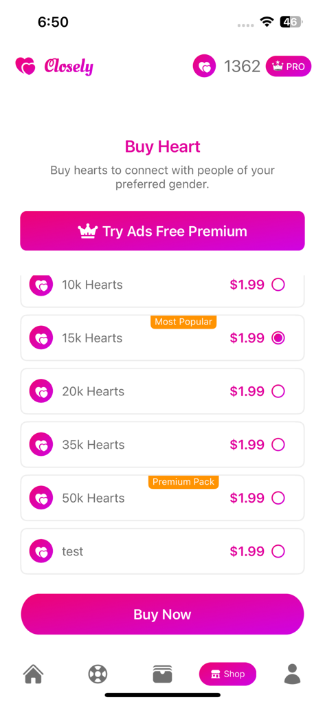 Closely - Live Video Chat - The Buy Heart screen of the Closely app showing credit packages and premium options.